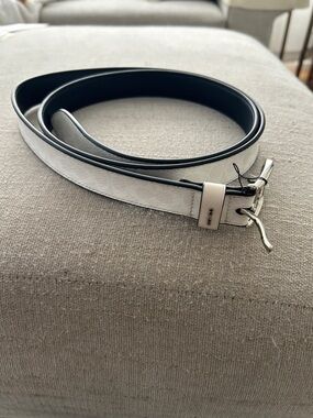 Coach White and Black Leather Belt with Silver-Tone Buckle